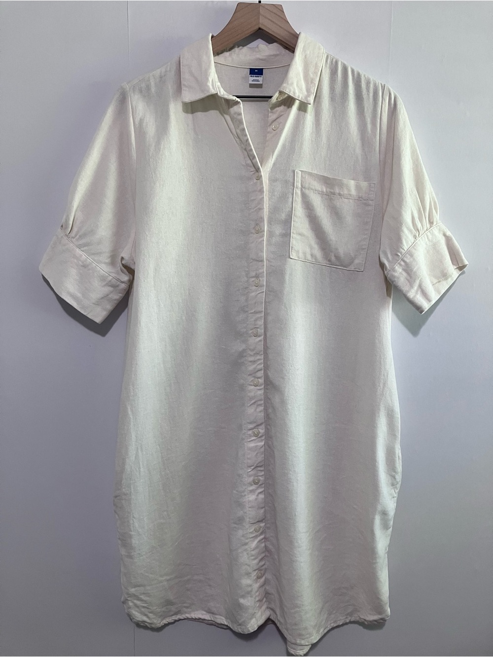 Old Navy Cream/ivory Linen Short Sleeve Button Shirt Dress Pockets
